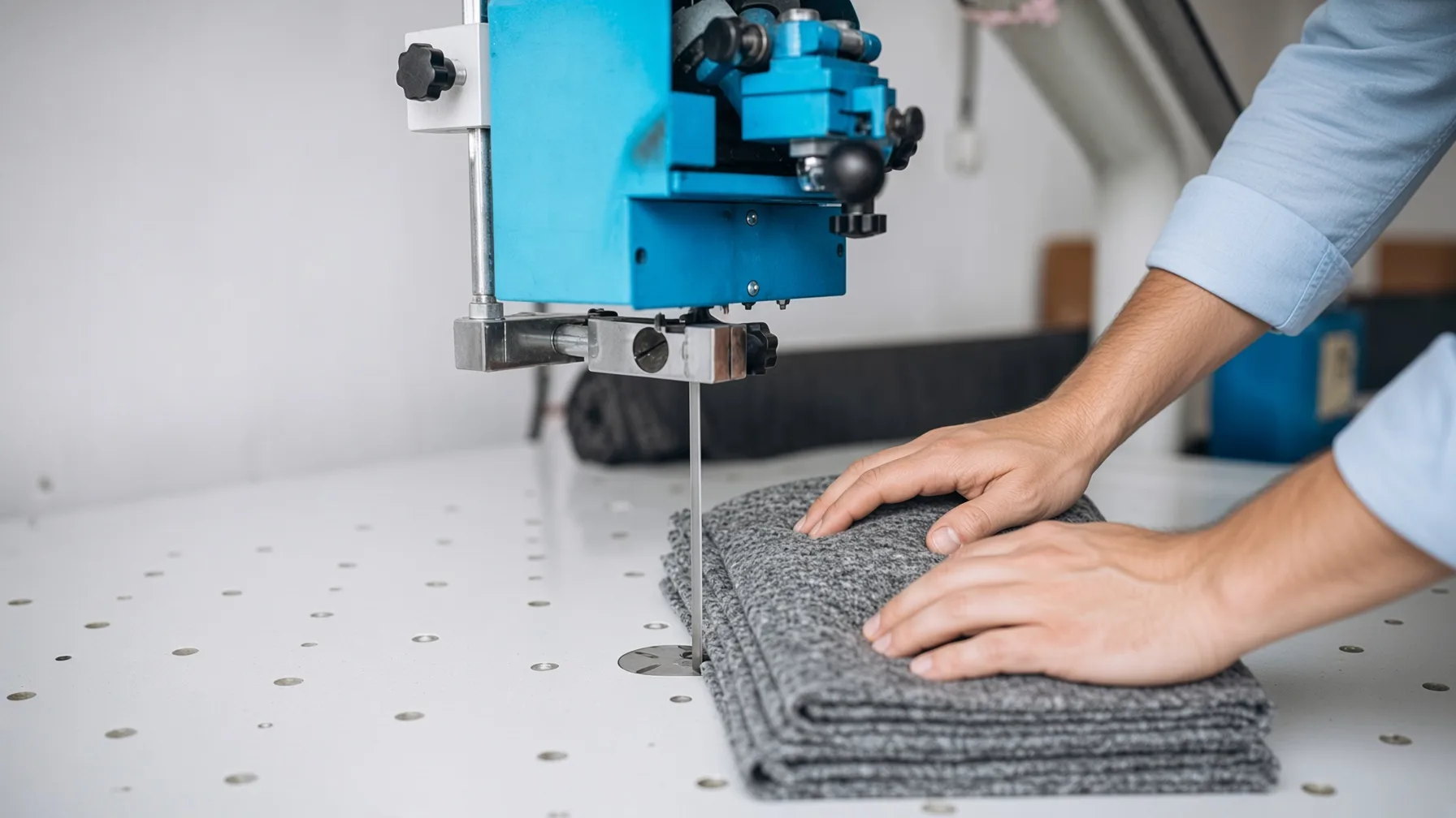 A band-knife cutting machine running down a white table beside folded grey knit
