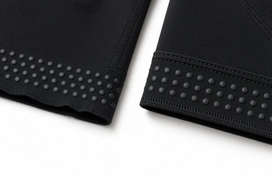 Silicone gripper dots banding the inside of two black leg hems, one folded back to show its stitching
