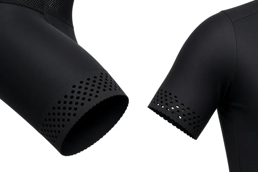 Laser-cut holes finishing the edge of a bib short leg and a sleeve cuff, both cut in black