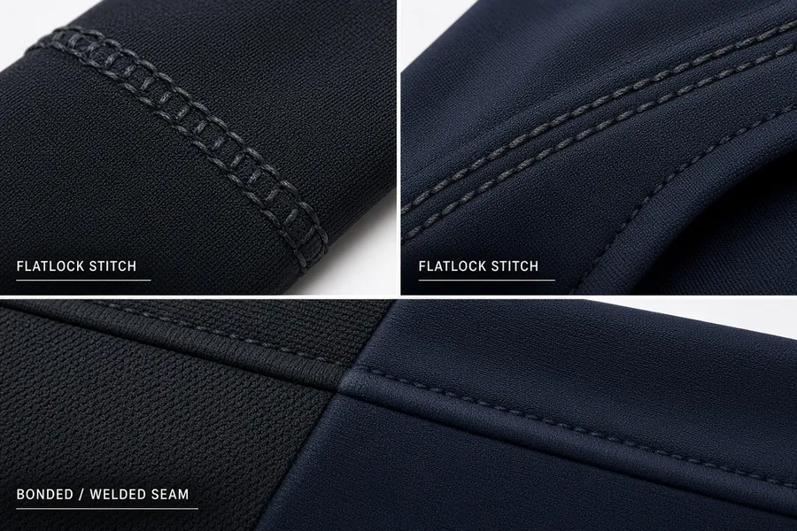 Detail of four seam treatments across dark fabric, a flatlock ridge beside a bonded panel joint