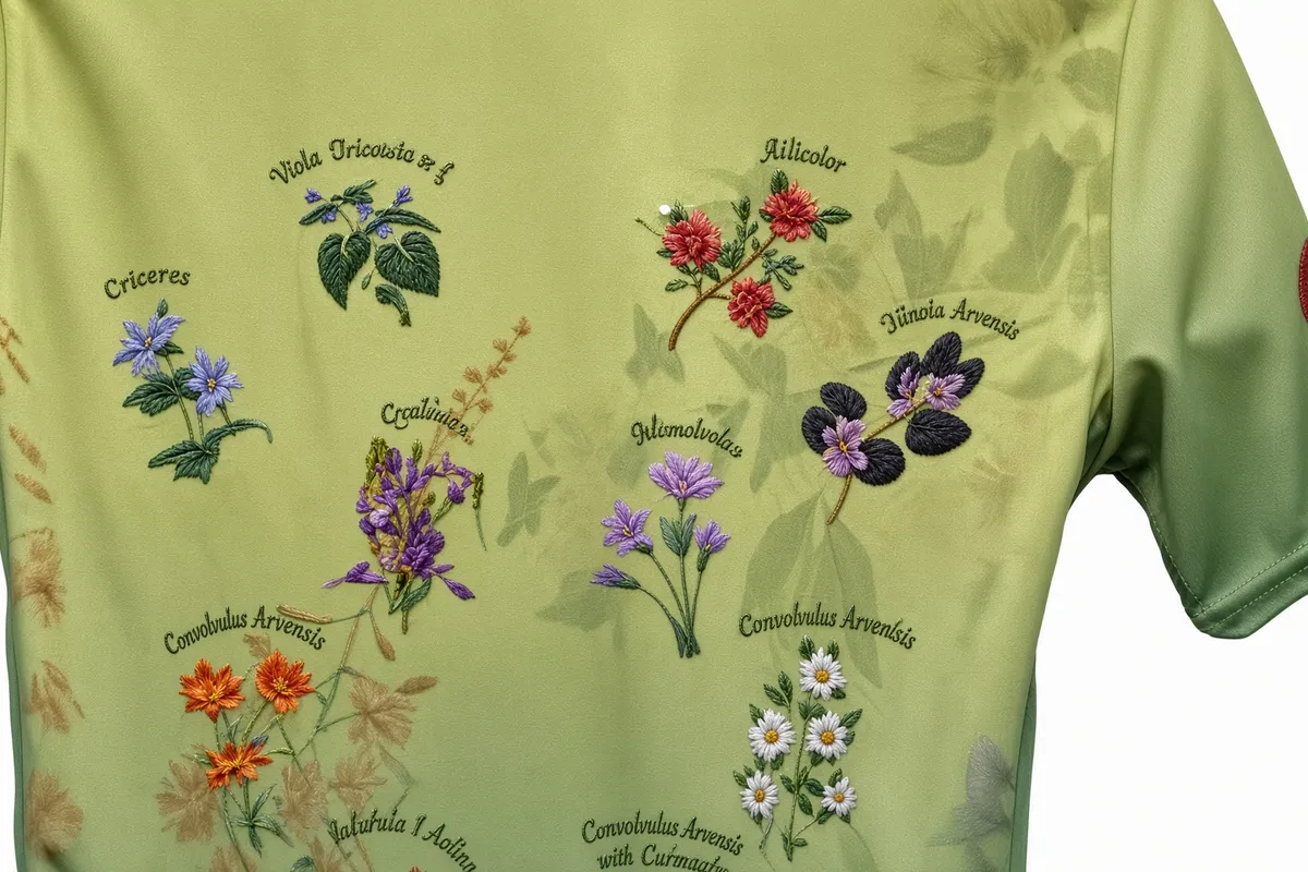 Stitched flowers, buds and leaves spread across a green panel, each with a caption in embroidered script
