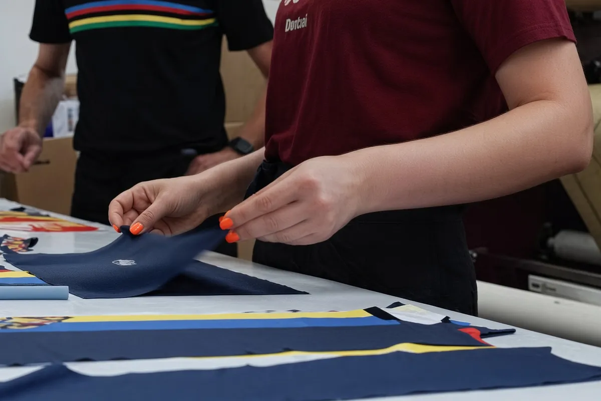 Hands lifting a cut navy panel from a print bench, printed panels and a roller laid across it and a press behind