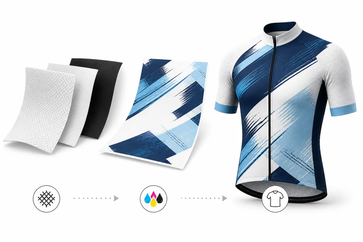 Fabric swatches beside a printed panel and a finished jersey, with three icons tracing the run from cloth to print to garment