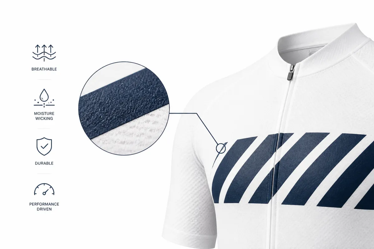 Close-up of a printed stripe on white knit, a jersey filling the right half and four feature icons stacked down the left edge