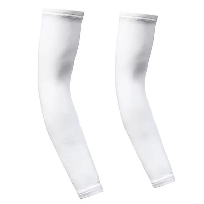 White arm warmers lying side by side, each curving like a bent arm with a band at the top and at the wrist