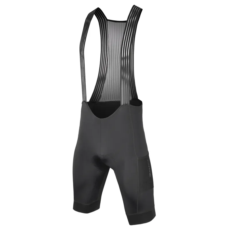 Black bib shorts laid flat, ribbed mesh braces over a dark seat panel and mesh side panels down the legs