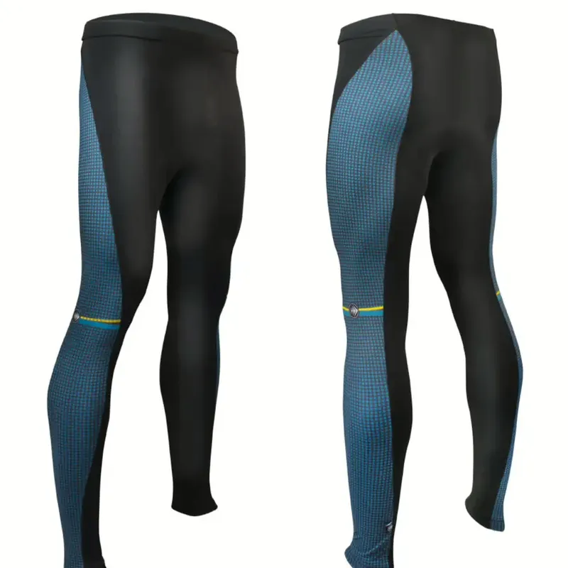 Two full-length tights in black and blue honeycomb panels, a thin yellow band across each knee