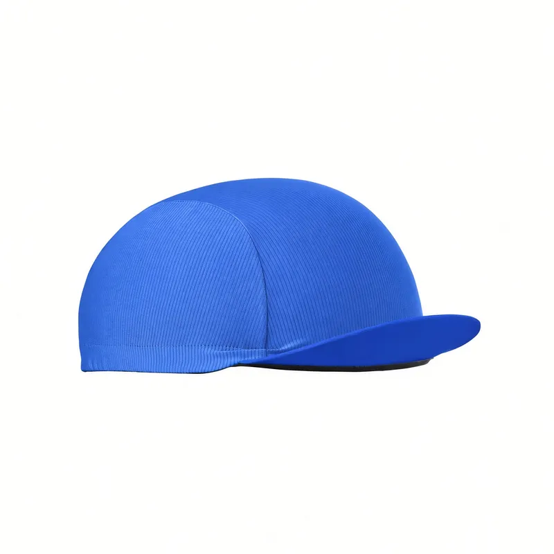 Royal blue four-panel cap in profile on a white ground, a seam down the crown and a short level peak above a black under-edge
