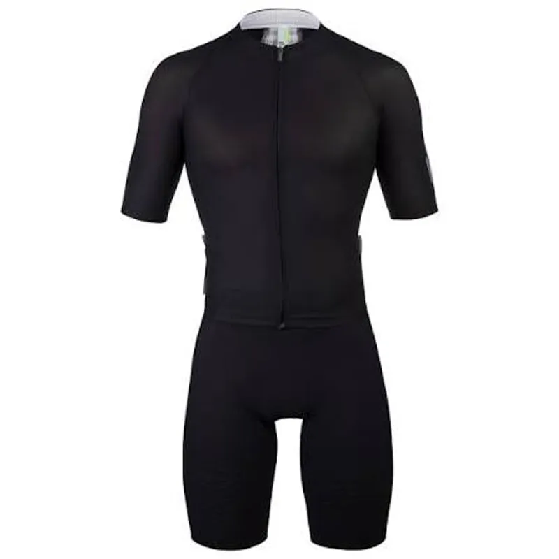 One-piece black skinsuit on a white ground, a grey collar above a full-length zip and shorts ending at mid-thigh