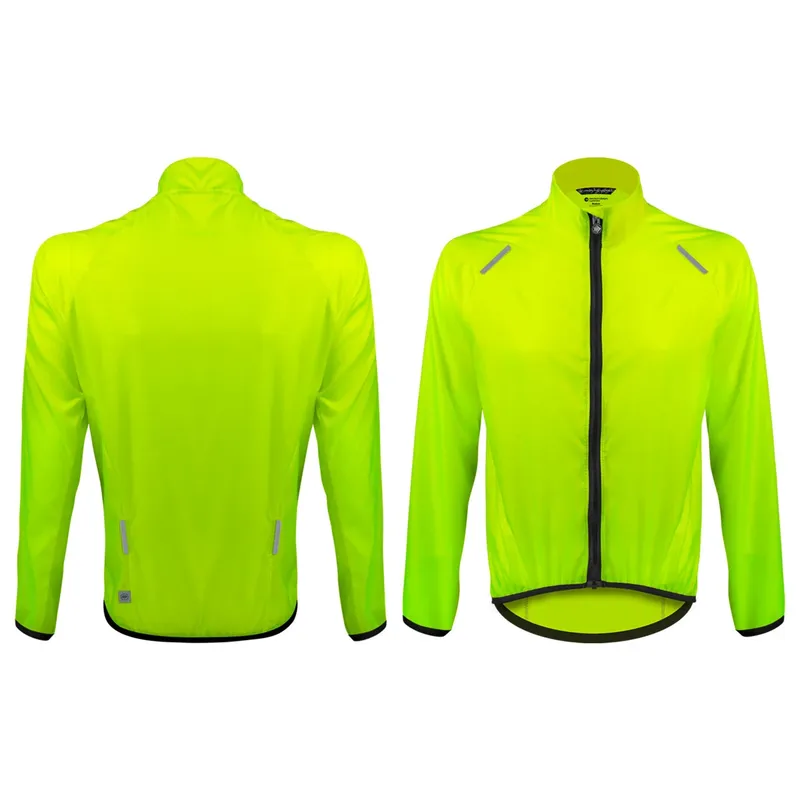 Hi-vis yellow-green wind jacket shown twice on white, the back at left with two reflective strips and the front at right behind a black zip