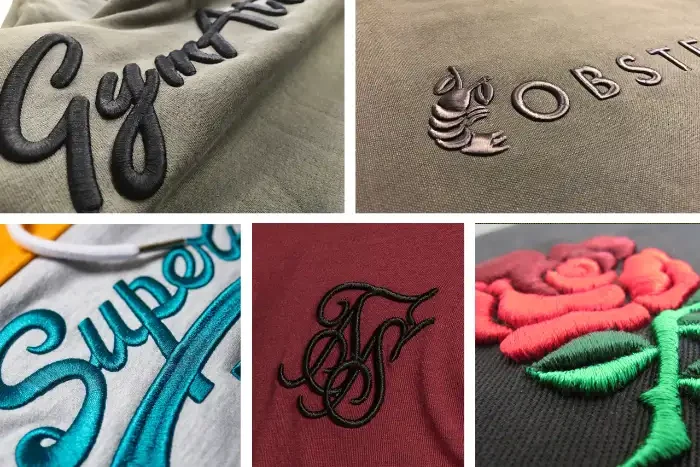 Raised 3D embroidery on grey, teal and black garments, with a padded rose in red and green