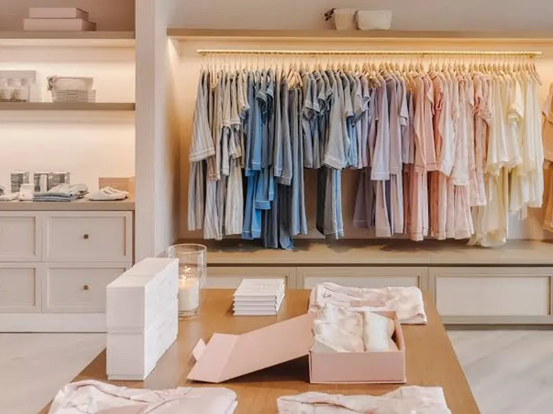 Pastel t-shirts on a rail with folded samples in boxes — a low-MOQ first run