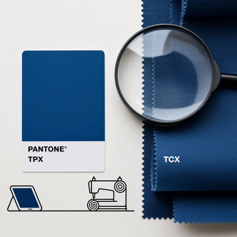 Pantone TPX swatch card beside a magnifier held over a stack of navy cloth, tablet and sewing-machine icons below