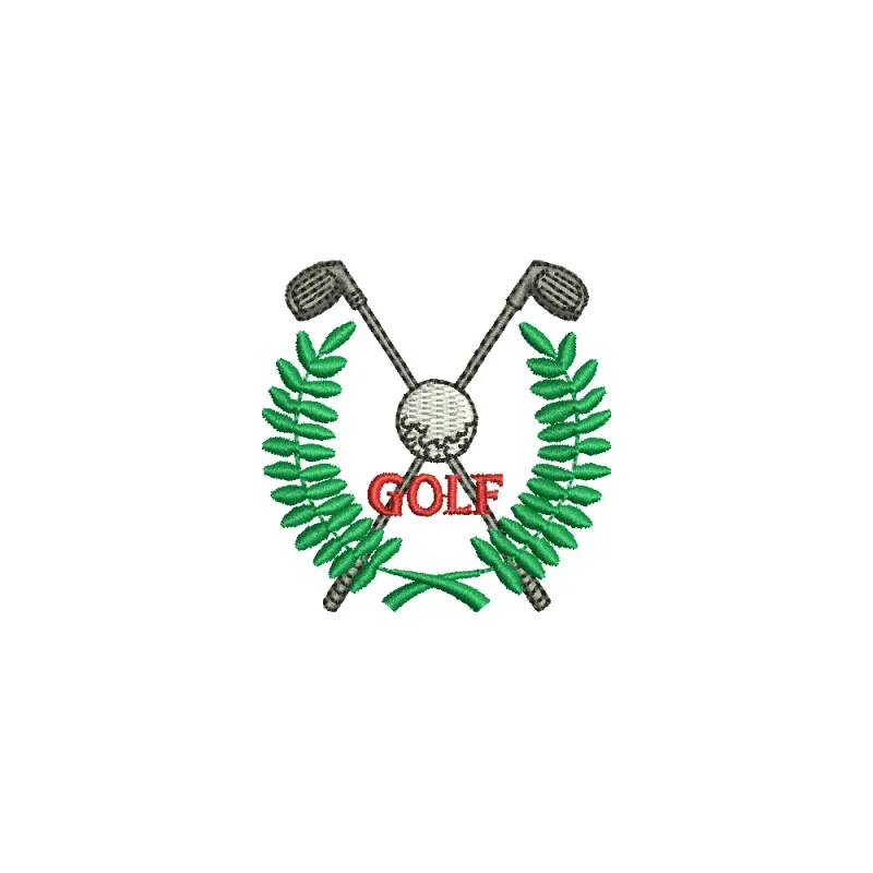 Embroidered golf crest with two crossed clubs over a ball, a green laurel wreath and red GOLF lettering on white