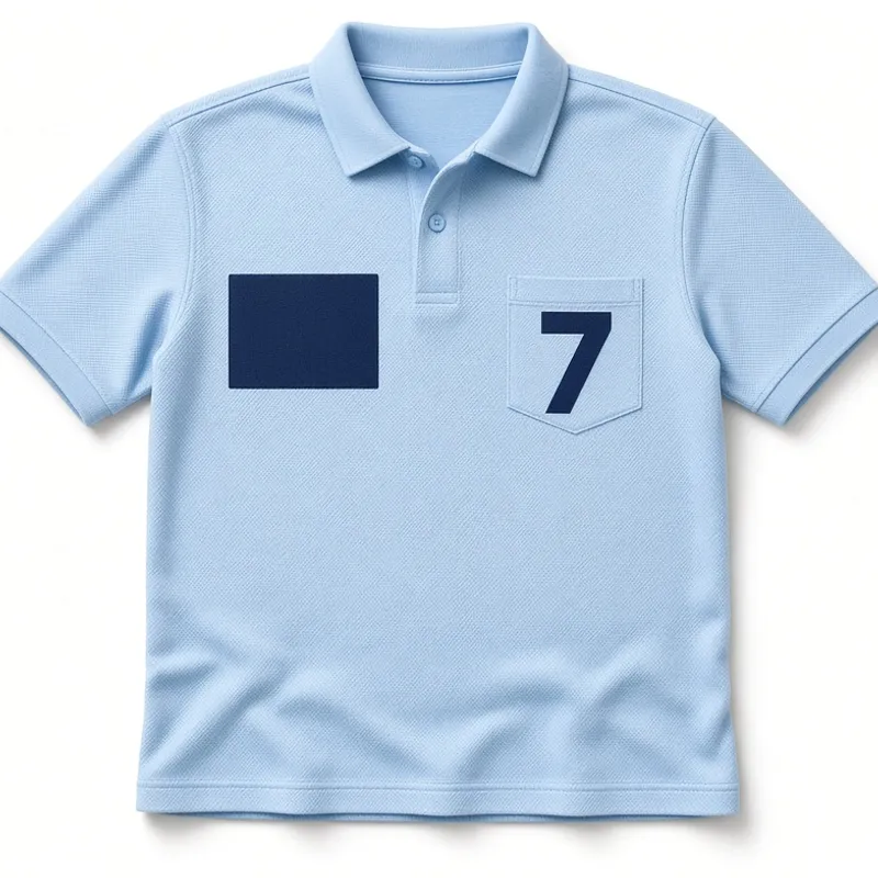 Pale blue pique polo laid flat, a solid navy block printed on the chest and a large 7 on the pocket