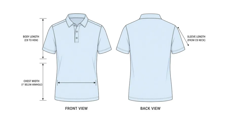 Dimensioned front and back views of a polo, arrows marking body length, chest width and sleeve length