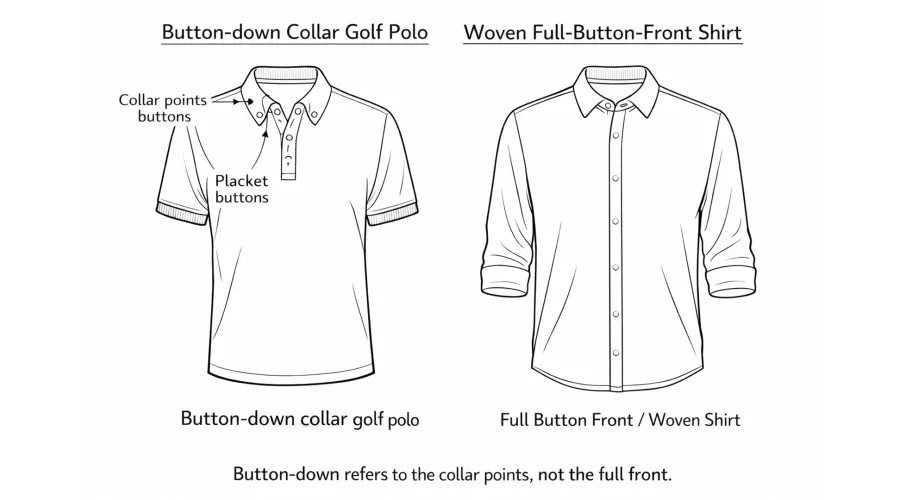 Line drawing comparing a button-down collar golf polo with a woven full-button-front shirt, the collar points and placket buttons called out