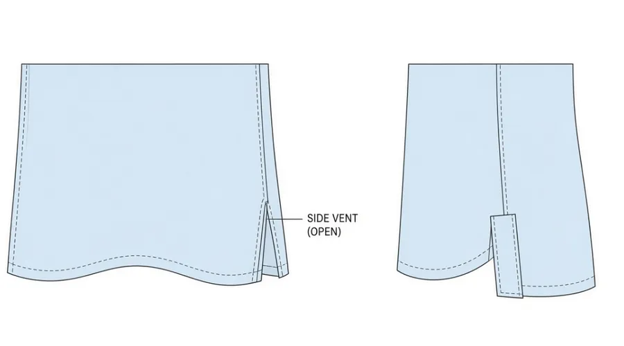 Side vent drawn open on one pale blue hem diagram, and the curved hem marked on the second