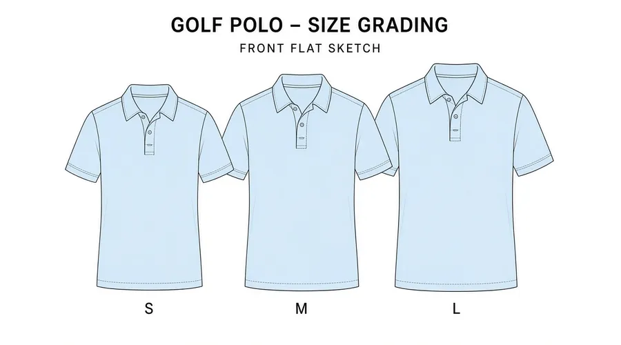 Three polo flat sketches in a size run labelled S, M and L under a size-grading heading