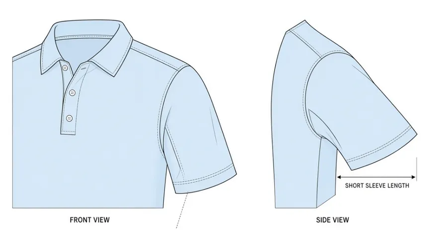 Front and side views of a pale blue polo sleeve, an arrow marking the short sleeve length from the cuff