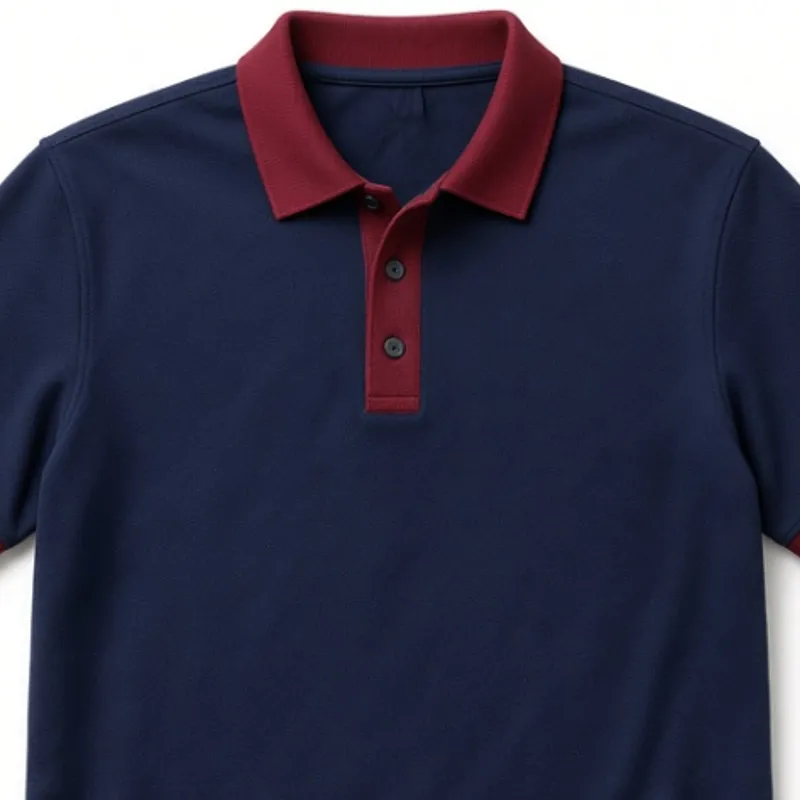 Navy polo whose collar, placket and sleeve bands are cut in contrast burgundy
