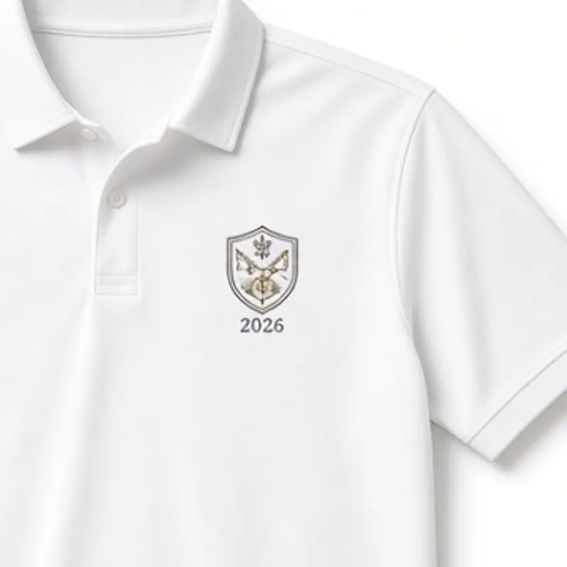 Heraldic crest embroidered on a white polo, the year 2026 sitting beneath it