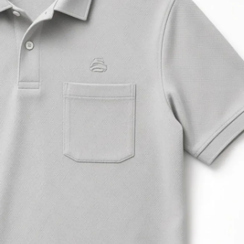 Patch pocket on a pale grey polo, with a small embroidered mark sitting above it