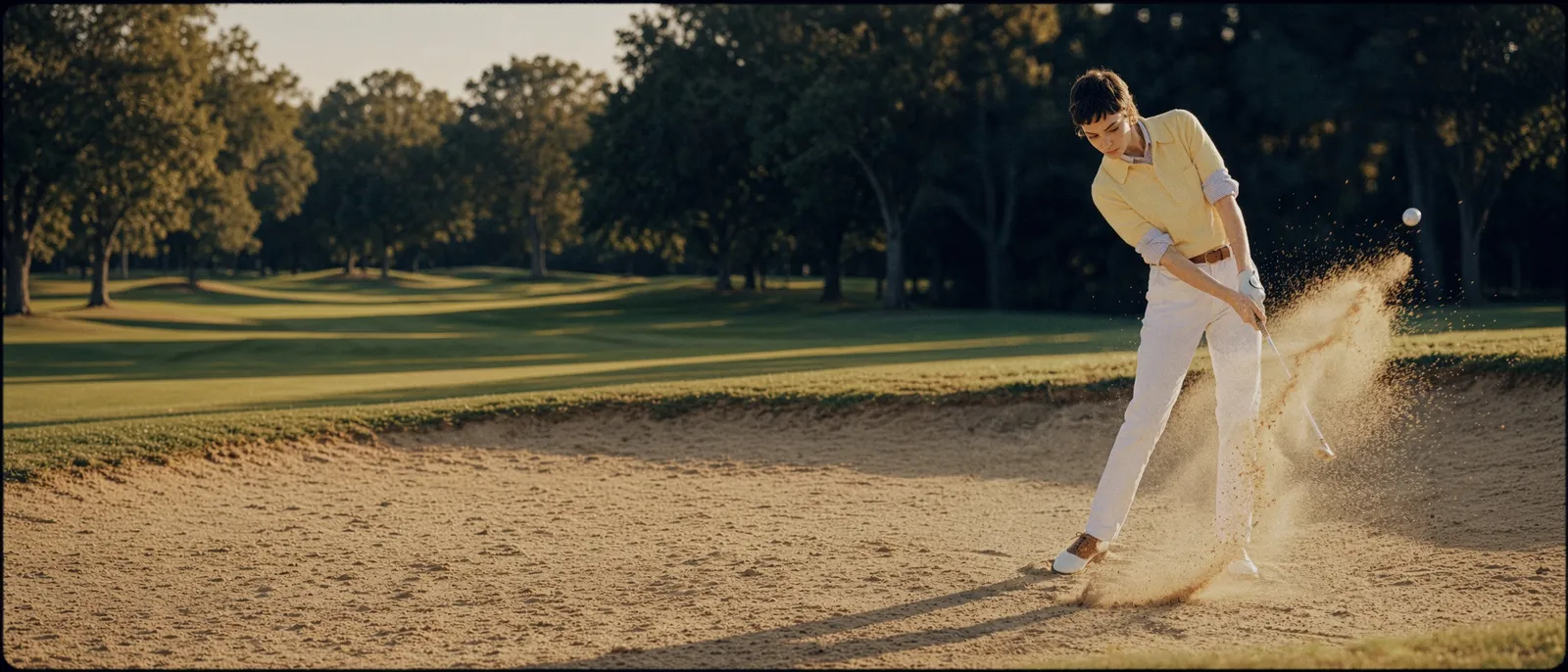 Escaping a greenside bunker, sand spraying from the wedge as the ball climbs against a treeline