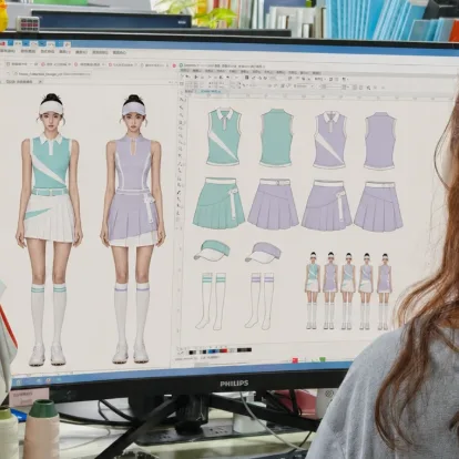 Seen over a seated designer’s shoulder, a monitor showing a polo and skort in green and lavender with the matching cap and socks.