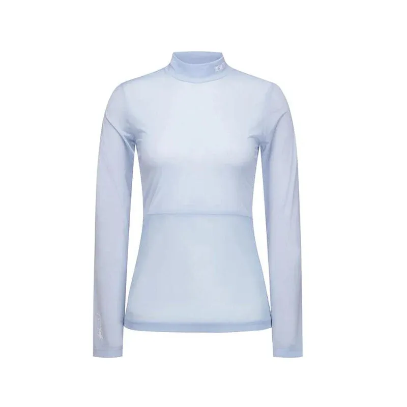 Mock-neck base layer in pale blue photographed alone on white, long sleeves with a wordmark near the left cuff