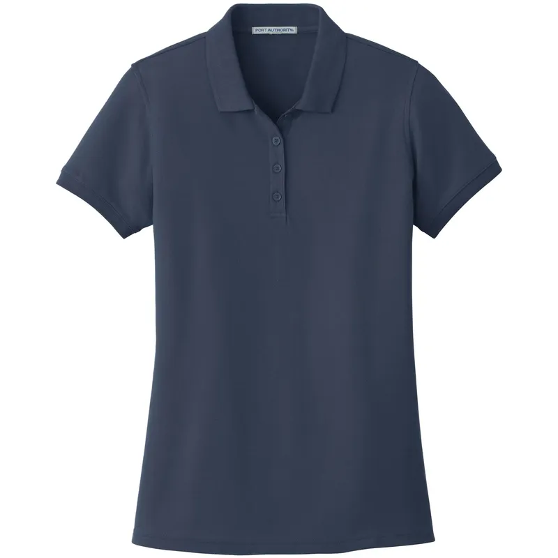 Laid flat, a navy piqué polo with a ribbed collar and a three-button placket
