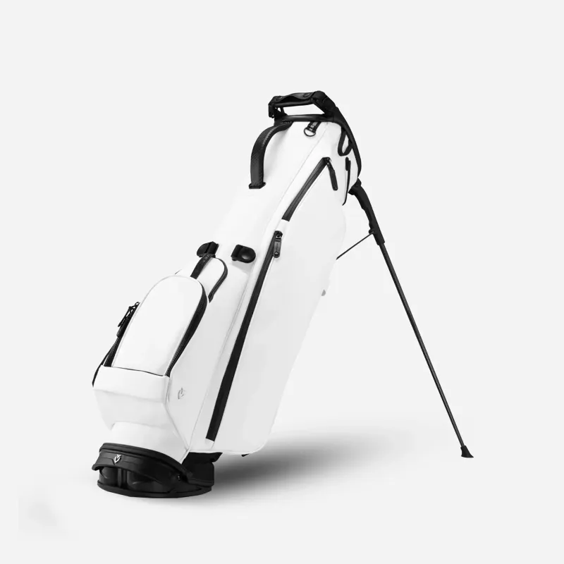 Carry bag in white with black trim photographed on white, its stand legs extended behind it