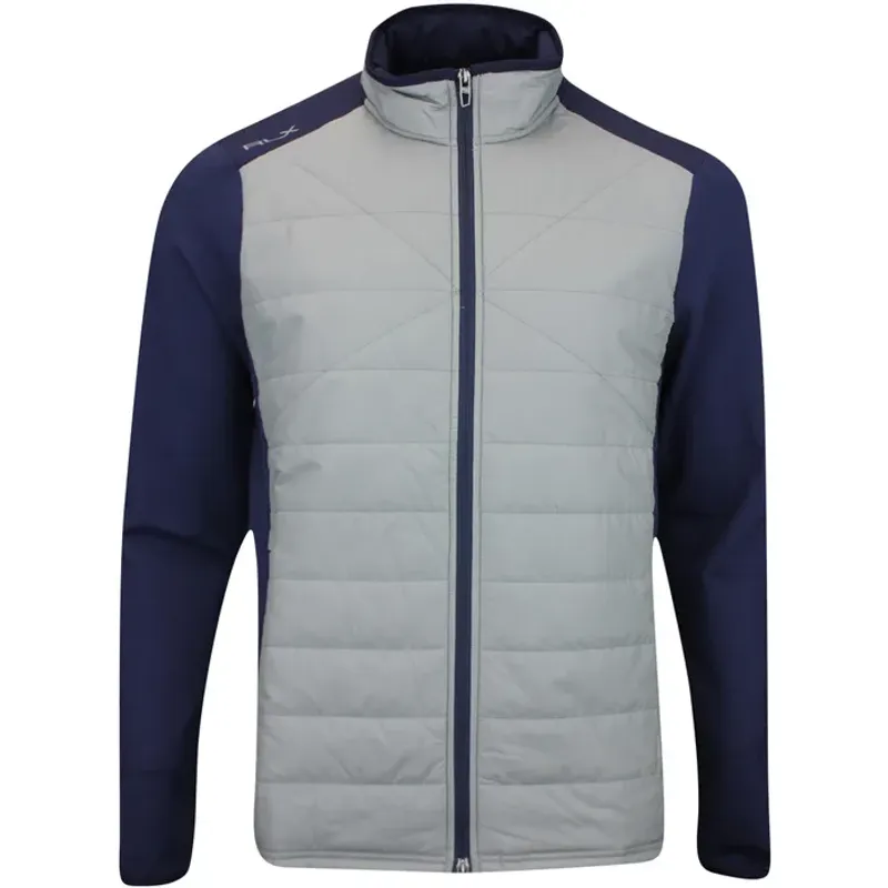 Quilted jacket with a grey body and navy sleeves shown alone on white, a full-length zip down the front