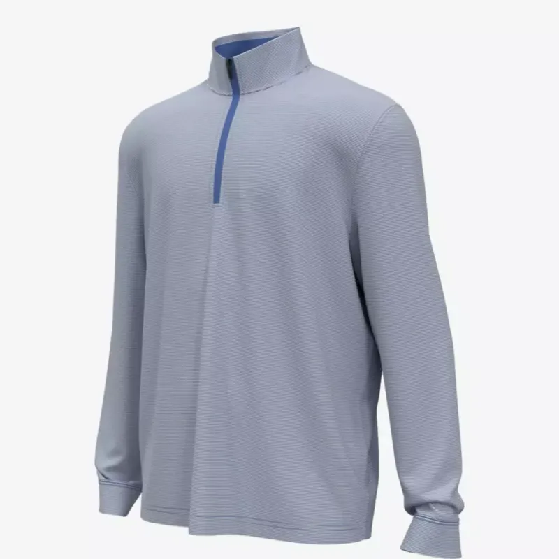 Photographed flat, a pale blue-grey quarter-zip with a contrasting zip tape and ribbed cuffs