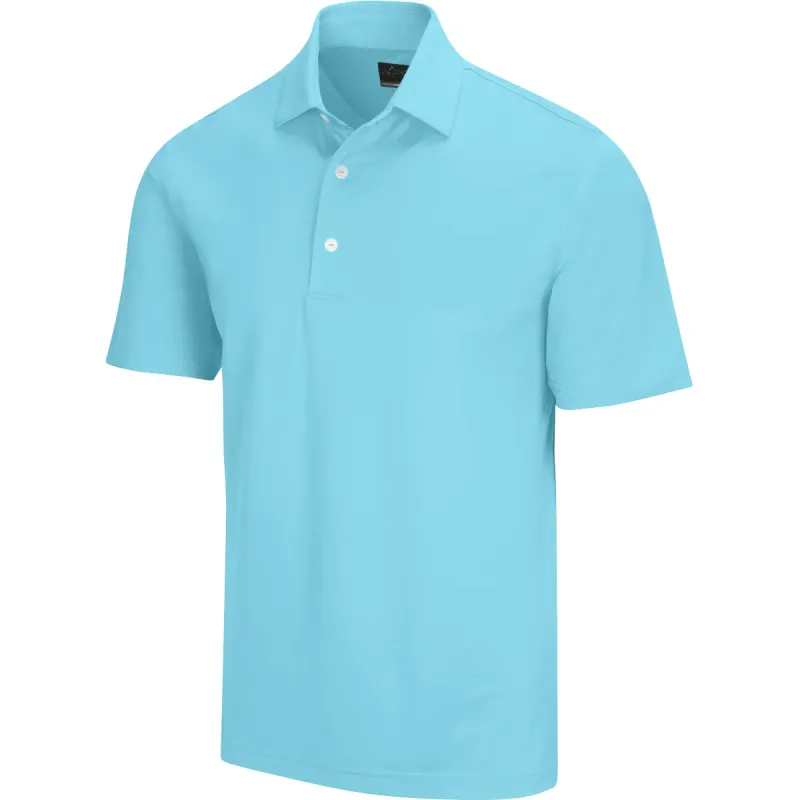 Polo in light blue shown alone on a white ground, three white buttons down the placket and a dark neck label inside the collar