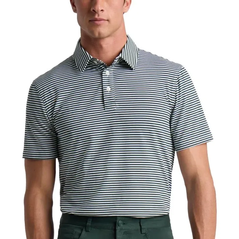 Fine navy and white stripes running across a worn polo, its collar cut from the same cloth