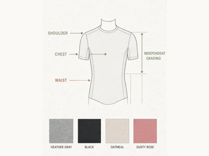 Grading diagram marking the shoulder, chest and waist on a tee, over four colour swatches