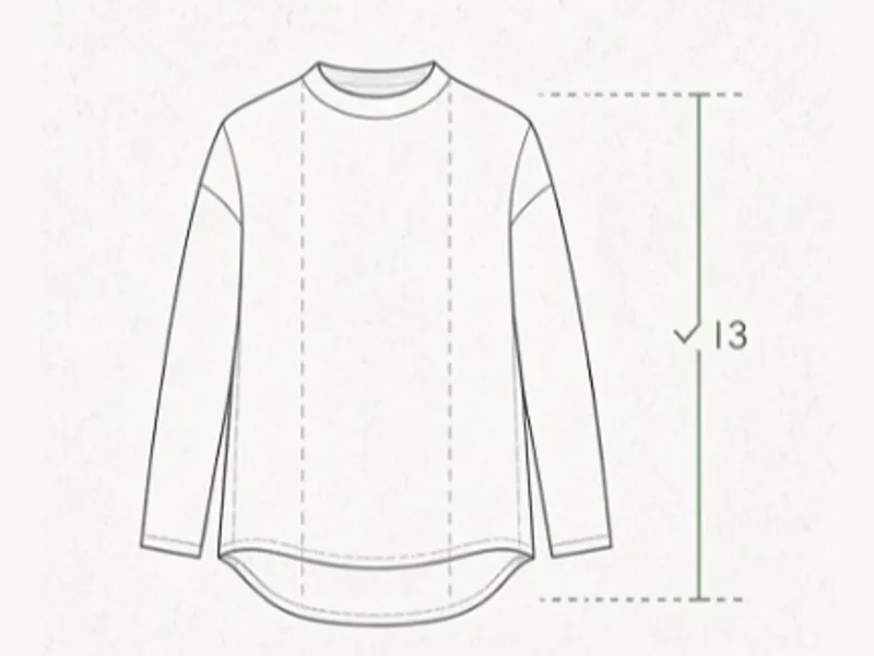 Line drawing of a long-sleeve tee with a ruled callout down its right side marking the body length