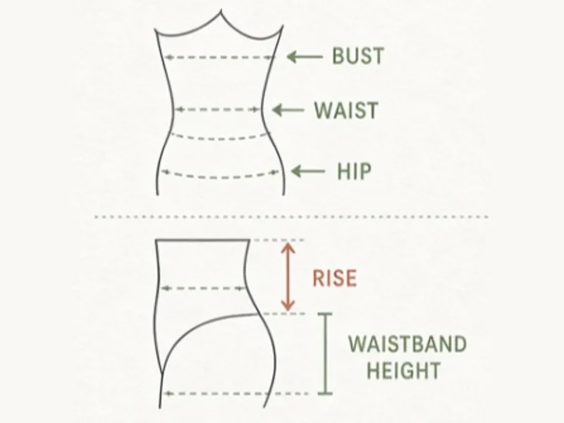 Measurement diagram marking the bust, waist, hip, rise and waistband height on a body form