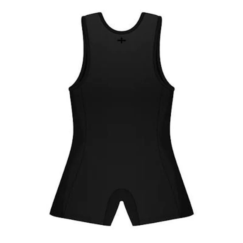 Suspended flat, a black lifting suit with a short leg and bound armholes, on a white ground