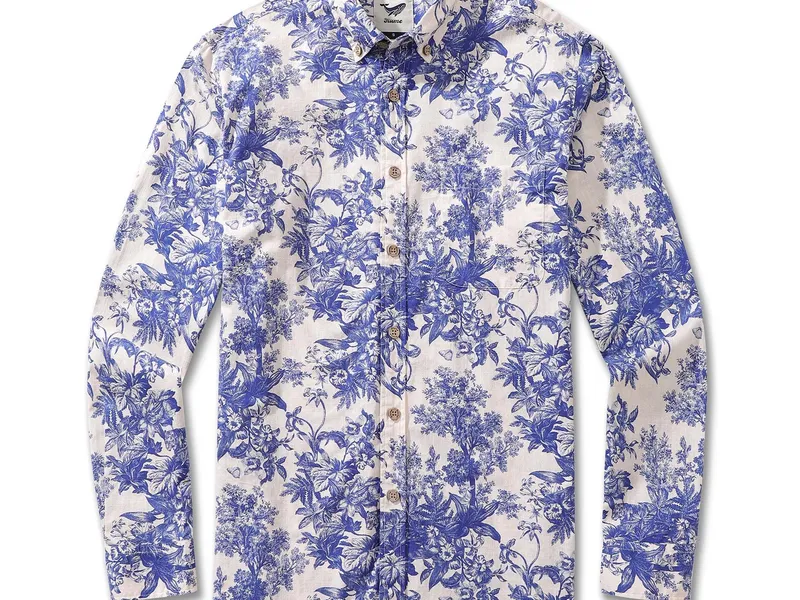 Scenic-print aloha shirt carrying a photographic pattern