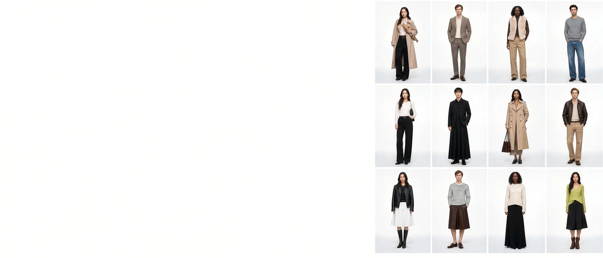 Twelve models photographed full length in a lookbook grid, dressed in coats, knitwear and tailored trousers against a pale studio ground