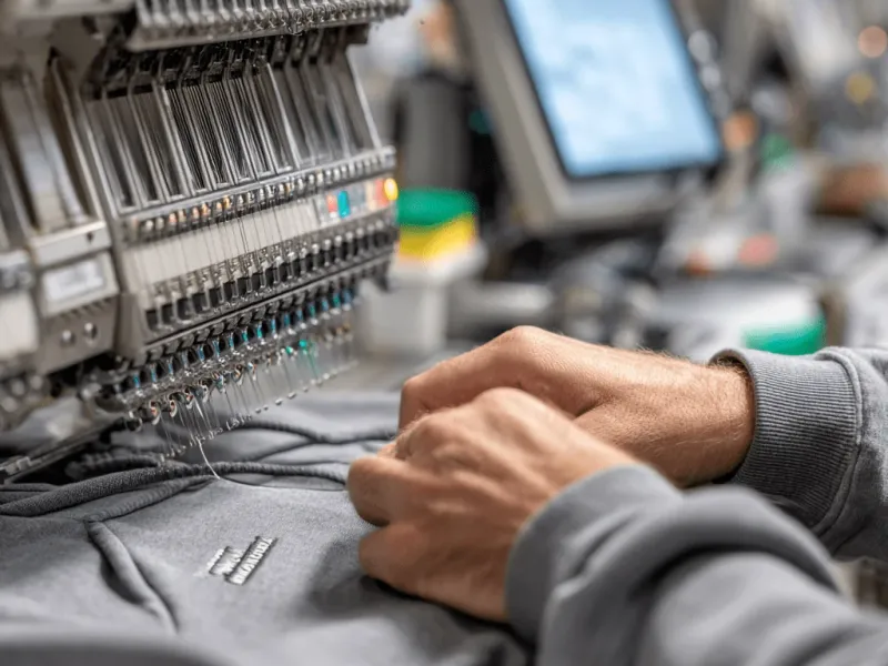 Embroidery machine stitching a hoodie logo