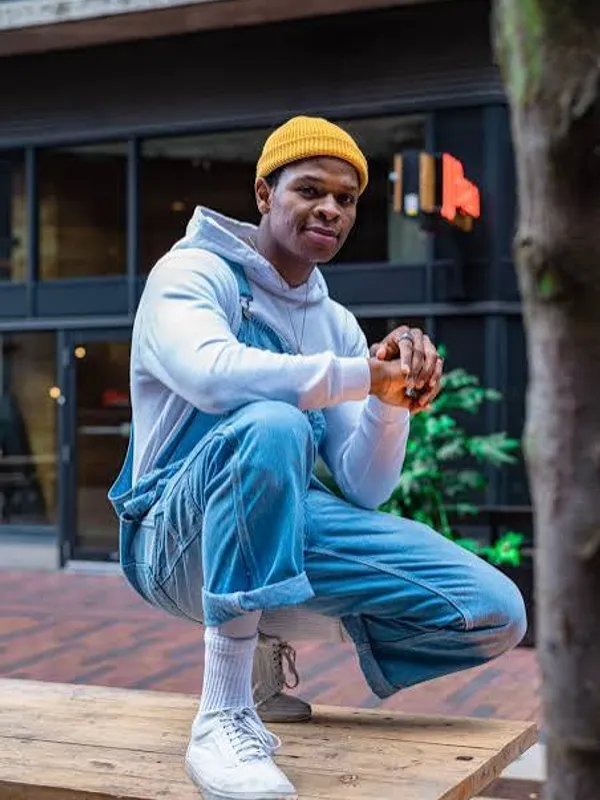 A customer wearing a custom hoodie, on body