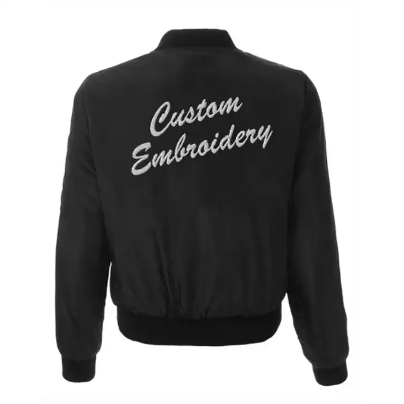 Illustration of a black bomber jacket with an embroidered back logo