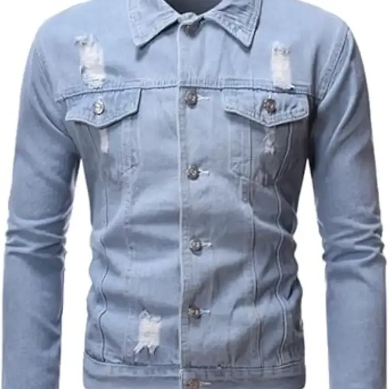 Illustration of a blue washed denim jacket with chest pockets and contrast stitching