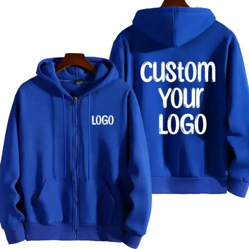 Illustration of a blue hooded jacket with a printed front chest logo