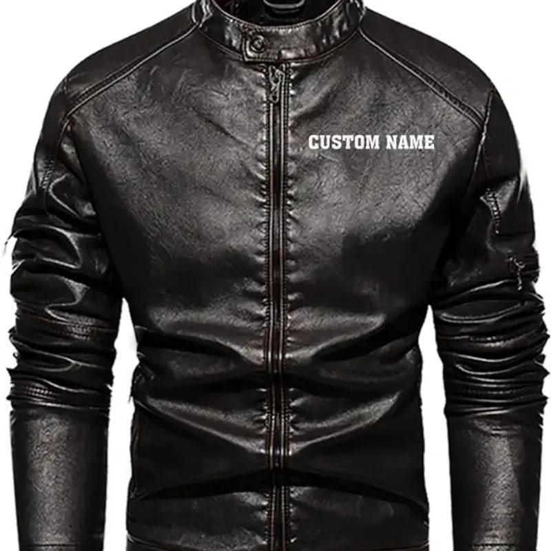 Illustration of two black leather jackets with metal zips and quilted shoulders