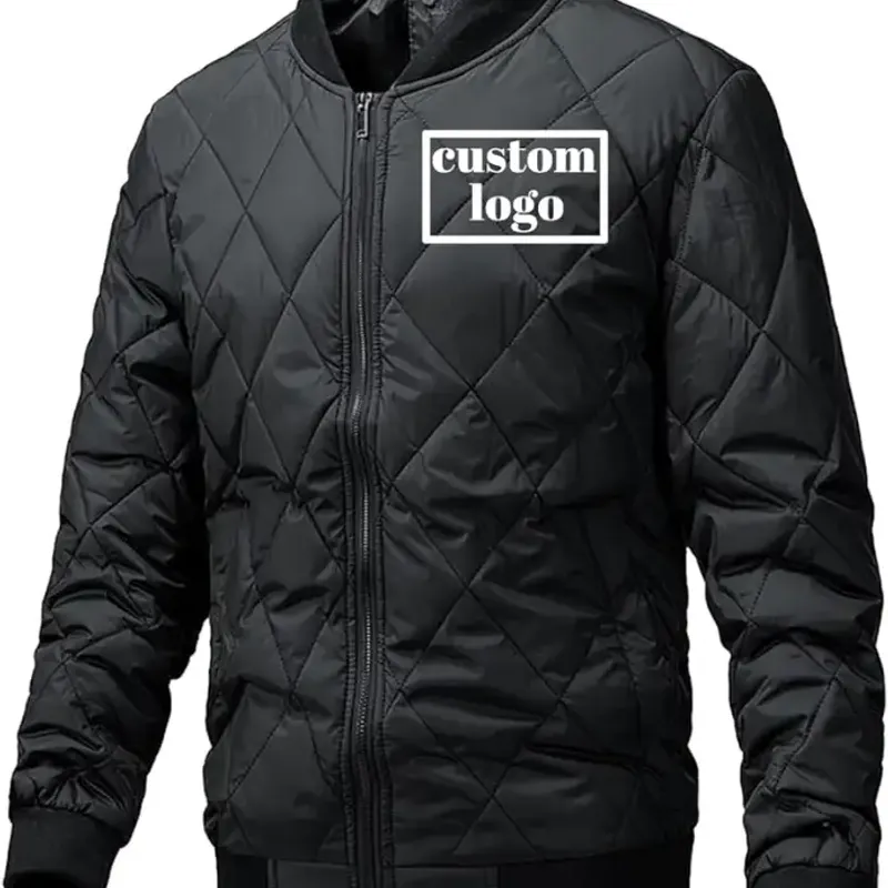 Illustration of a black puffer jacket with a high collar and quilted panels