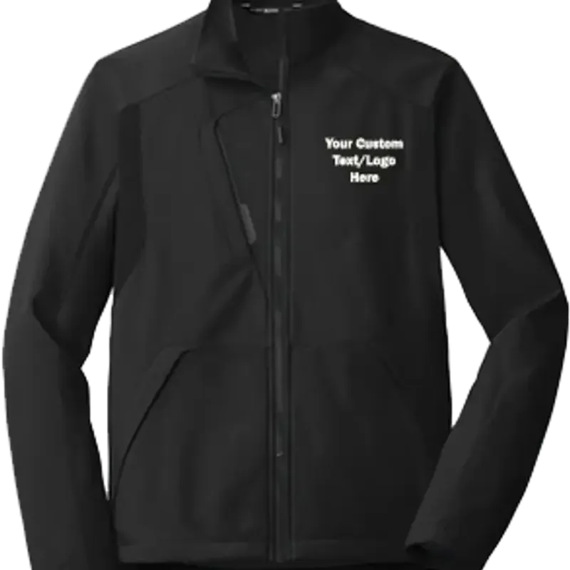 Illustration of a black softshell jacket with a full-length zip and stand collar